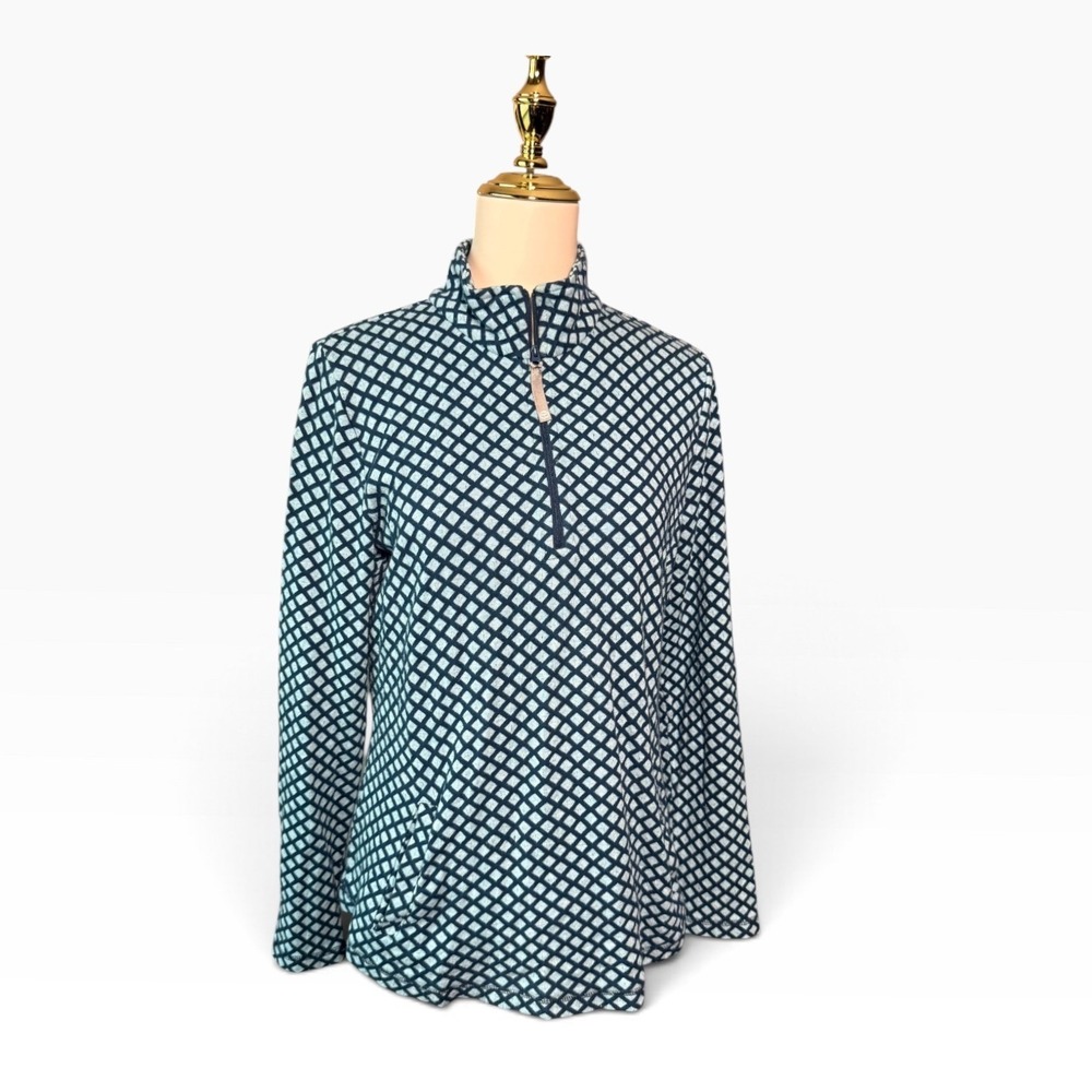 T by Talbots Women S Blue Green Geometric Cotton Quarter Zip Pullover Mock Neck